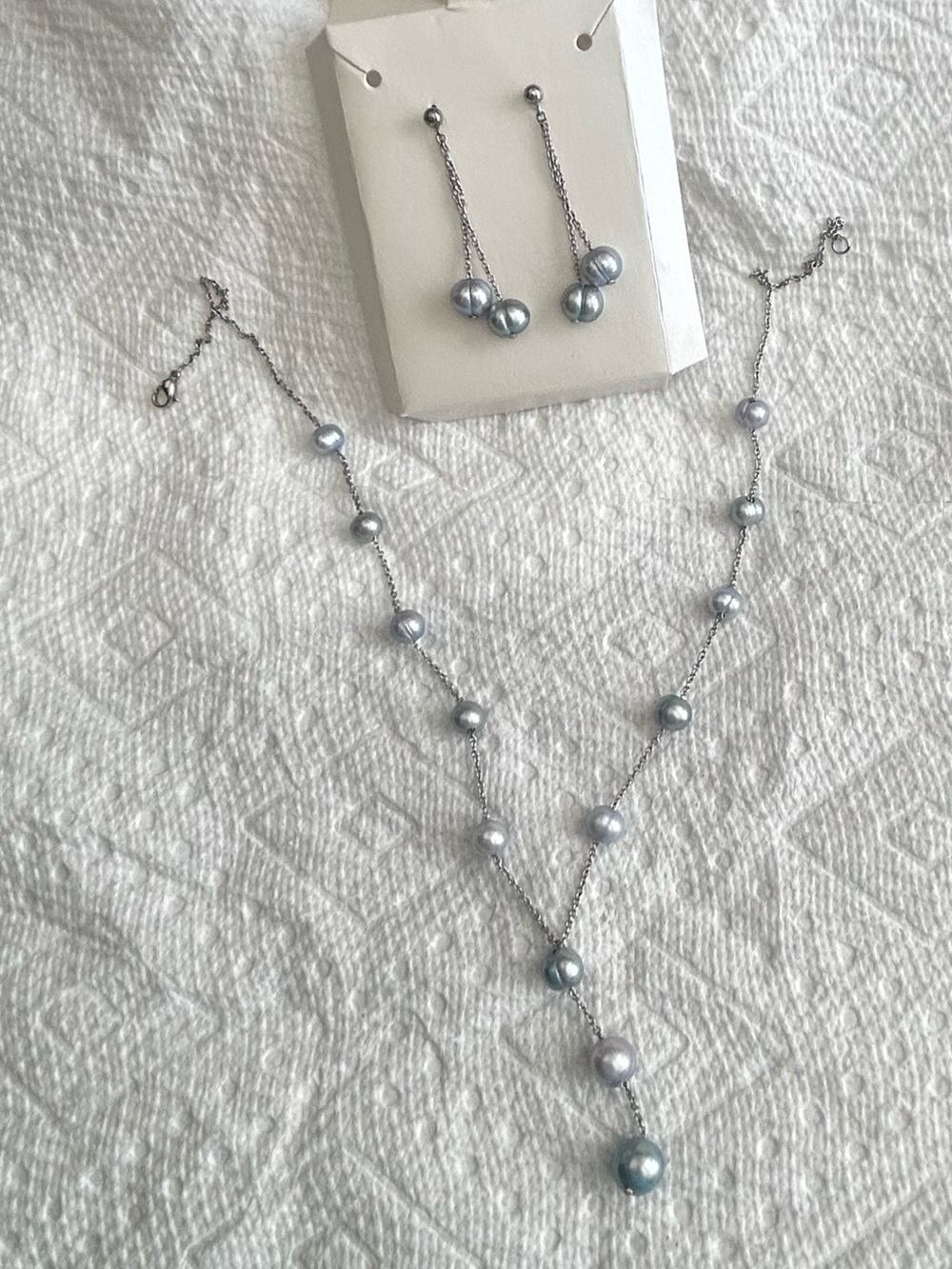 Genuine Baroque Freshwater Pearl Y-Necklace & Drop Earring Set Steel Blue